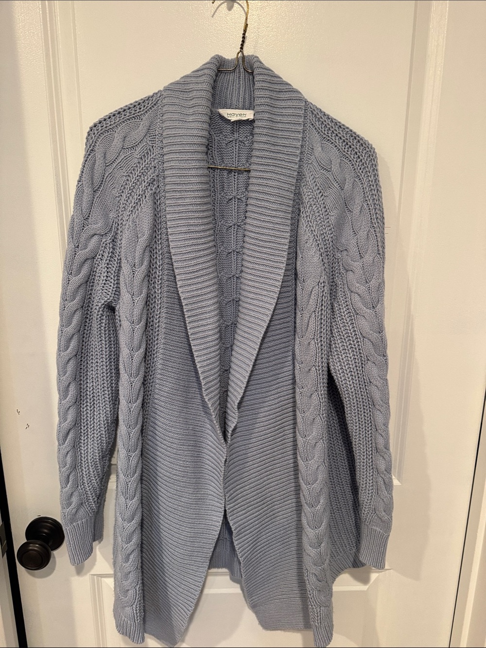 Light Blue Cable-Knit Shawl Collar Cardigan by Haven Well Within